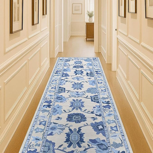 Fame Living Navy Blue Oushak Rug, Modern Rugs, Vintage, Turkish, Eclectic, Floral, Pastel, Washable, Small Throw, Accent Area Rug for Living Room, Bedroom, Kitchen, Bathroom, 2'5"x4'9"