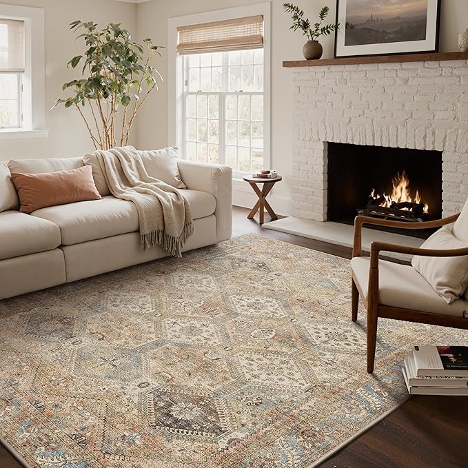 Bavni 6x9 Area Rugs for Living Room, Machine Washable Rug Non Slip, Vintage Chenille Distressed Print Carpet, Large Low Pile Ultra-Thin Lightweight Rugs for Bedroom, Dining Room, Office, Wood Brown