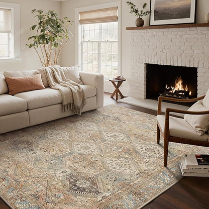 Bavni 6x9 Area Rugs for Living Room, Machine Washable Rug Non Slip, Vintage Chenille Distressed Print Carpet, Large Low Pile Ultra-Thin Lightweight Rugs for Bedroom, Dining Room, Office, Wood Brown