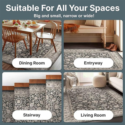 Well Woven Asha Rome Black 7'7" x 9'10" Area Rug - Oriental Floral Pattern, Easy Clean, Floor-Friendly Backing - for Living Room, Bedroom, and Dining Room