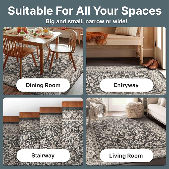 Well Woven Asha Rome Black 2'3" x 7'3" Runner Rug - Oriental Floral Pattern, Easy Clean, Floor-Friendly Backing - for Hallway, Entryway, and Kitchen