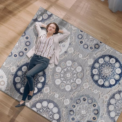CAMILSON Indoor Outdoor Rug 9x12 Bohemian Medallion Floral Area Rugs for Indoor and Outdoor Patios Easy-Cleaning Non-Shedding Living Room Garden and Kitchen Washable Outside Carpet (9 x 12 / Blue)