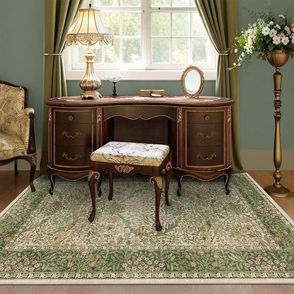 3x5 Floral Washable Area Rug for Living Room, Vintage Boho Rugs for Bedroom Dining Room, Botanical Birds Non Slip Low Pile Forest Throw Carpet for Farmhouse Office, Retro Pink/Green