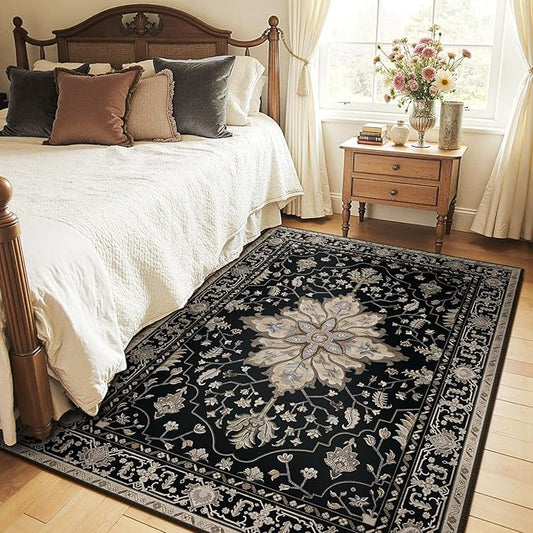 Area Rugs 5'x7' Washable Non-Slip, Floral Vintage Distress Print Pattern Medallion Carpet for Living Room Bedroom Dining Room, Black Brown Neutral Dark Tan