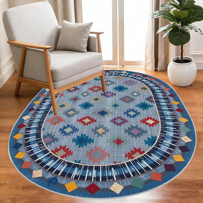 Funky Vintage Blue Red Orange Geometric Texture Indoor Area Rug for Living Room Bedroo Dining Room Faux Wool Soft Low Pile Oval Rugs 3x5 Entrance Nursery Farmhouse Rustic Country Home Office Carpet