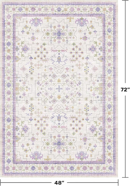 Purple Rugs for Girls Bedroom, Non Slip Machine Washable 4x6 Floral Area Rug for Nursery Kids Room, Living Room, Low Pile Lavender Girly Dorm Pastel Décor