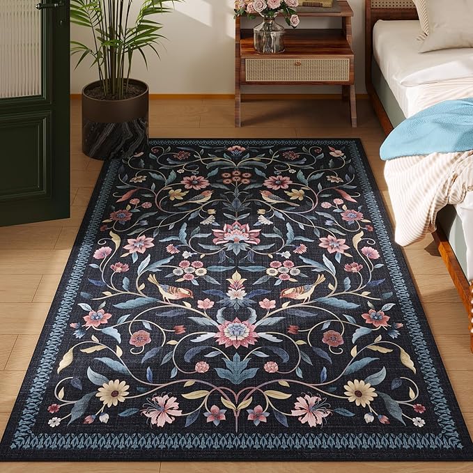 Vintage Medallion Floral 3x5 Washable Rug, Soft Low Pile Area Rug, Non-Slip Carpet for Bedside, Bedroom, Bathroom, Entryway, Kitchen, Office, Kids/Girls Room | Blue