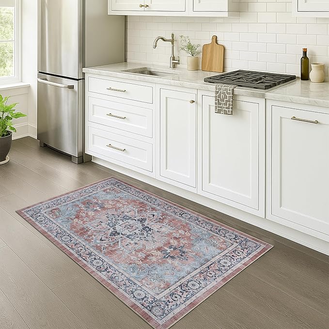 Fame Rugs Turkish Rug. Washable Vintage Oriental Antique Inspired Traditional Doormat Small Modern Area Rugs Luxury Entryway Entry Bedroom Bathroom Kitchen (401TB, 2'5 x 9'8)