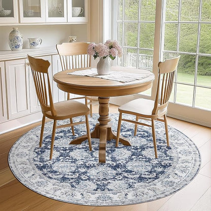 jinchan Fiora Round Rug 6ft Area Rugs Vintage Floral Distressed Design - Machine Washable Non-Slip Low-Pile Ultra-Thin Circle Rug for Entryway Bedside Living Room Bedroom (6' Round, Dark Blue)