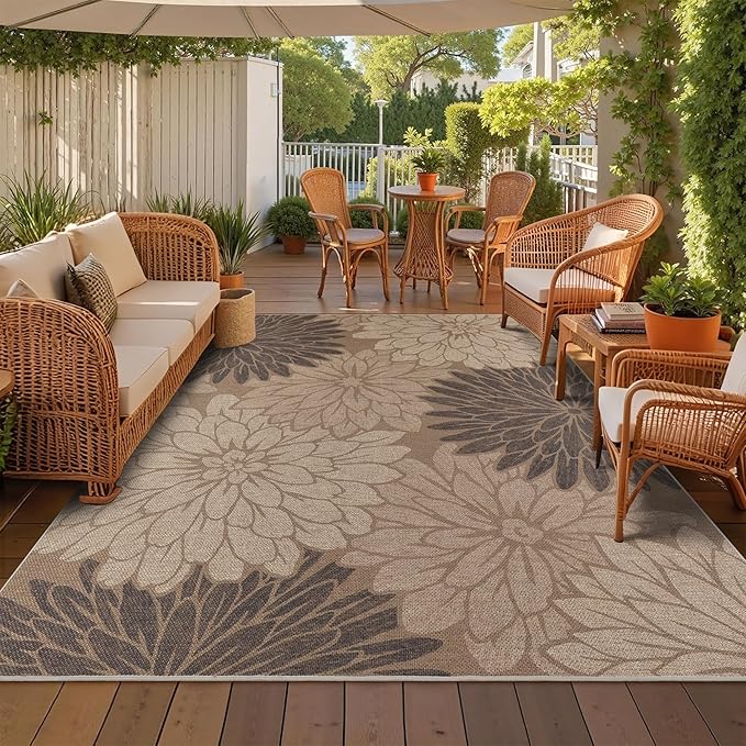 Floral Easy Jute Rug 8x10 Outdoor Rug Washable Area Rugs for Living Room Bedroom Non Slip Neutral Farmhouse Indoor Outdoor Carpet for Backyard Patio Office