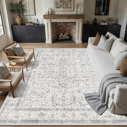 Grey 5x7 Area Rug Vintage Washable Living Room Carpet Non Slip Bedroom Indoor Office Low Pile Traditional Distressed Retro Accent Rug for Dining Room Bathroom Kitchen