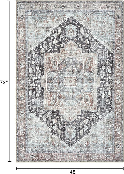 Bloom Rugs Washable Non-Slip 4' x 6' Rug - Charcoal/Brown Traditional Medallion Area Rug for Living Room, Bedroom, Dining Room, and Kitchen - Exact Size: 4' x 6'