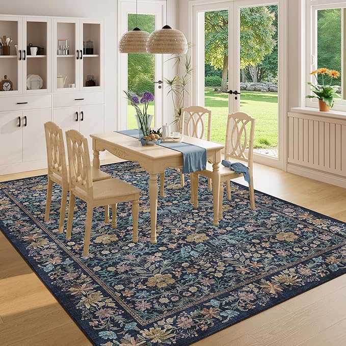 DUKINO 5x7 Area Rugs, Floral Washable Rugs for Bedroom with Non Slip Backing, Vintage Low Pile Indoor Floor Carpets for Bedroom, Living Room, Farmhouse, Home Office, Dining Room, Dark Blue