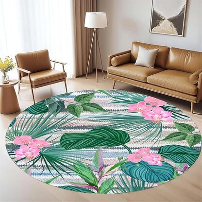 Indoor Outdoor Round Rug 5ft - Blue White Tropical Botanical Pattern, Non-Slip Patio Carpet, Easy-Clean Non-Shedding Rug for Living Room, Kitchen, Garden, Indoor Shower Mat