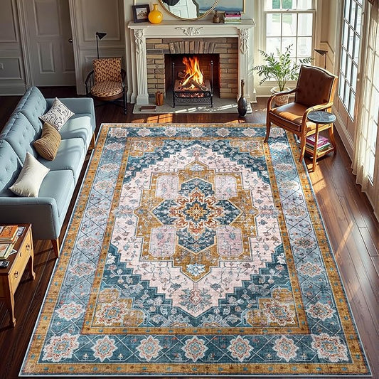 YJ.GWL Area Rugs for Living Room 6x9 Machine Washable Rugs, Non Slip Floral Vintage Rug Indoor Carpet, Stain Resistant Large Rug for Bedroom Dining Room, Brown Blue