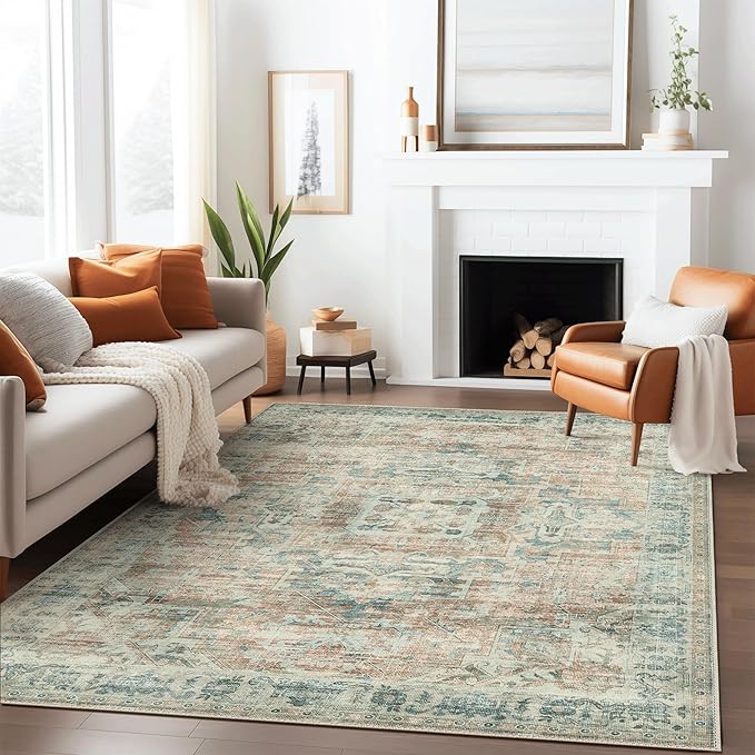 GENIMO Machine Washable 8x10 Area Rugs for Living Room, Non Slip Vintage Rugs, Low Pile Lightweight Chenille Print Rug for Bedroom, Dining Room, Home Office, Light Brown & Pink