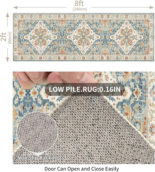 Enkor Runner Rugs for Hallway, 2x8 Washable Soft Non Slip Floor Rugs for Kitchen, Modern Mat for Living Room Bedroom Entryway Orange & Blue