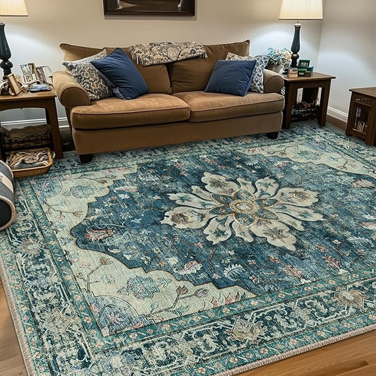 Area Rugs 6'x9' Washable Non-Slip, Floral Vintage Distress Print Pattern Medallion Carpet for Living Room Bedroom Dining Room, Dark Blue Vintage
