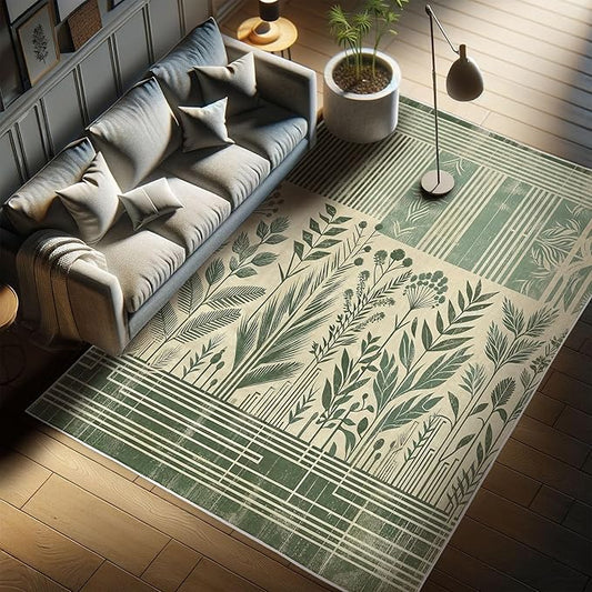 Ambesonne Leafy Design Decorative Rug, Boho Silhouettes of Jungle Leaves Grungy Stripes on Creamy Back, Quality Carpet for Bedroom Dorm and Living Room, 2' 2" x 3' 7", Laurel Green Champagne