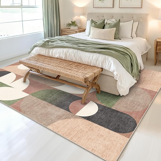 5x7 Area Rugs Modern Washable Rug for Living Room Bedroom,Large Retro Orange Geometric Non Slip Carpet for Dining Room Farmhouse Office