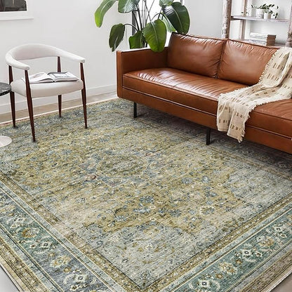 Area Rug 6'x9' Washable Vintage Traditional Floor Cover Thin Retro Kitchen Indoor Distressed Non Slip Carpet for Living Room Bedroom Dining Room