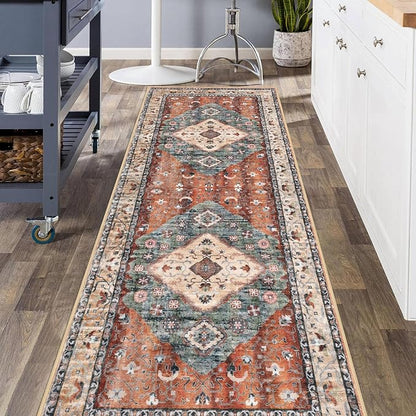 KOZYFLY Runners for Hallways 3x8 Ft Washable Kitchen Runner Rug Boho Runner Rug for Entryway Indoor Rust/Orange/Blue Printed Oriental Faux Wool Floor Carpet Runner for Bedroom Kitchen Hall
