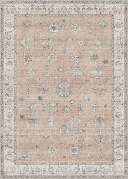 GENIMO 5x7 Area Rugs for Living Room, Machine Washable Non Slip Vintage Retro Rugs, Low Pile Lightweight Chenille Print Rug for Bedroom, Dining Room, Home Office, Salmon