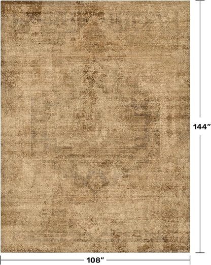 Large Brown Golden Rug for Dining Room Table - Rustic Farmhouse 9x12 Area Rug for Living Room, Bedroom Under Bed, Non Slip with Rubber Backing & Stain Resistant