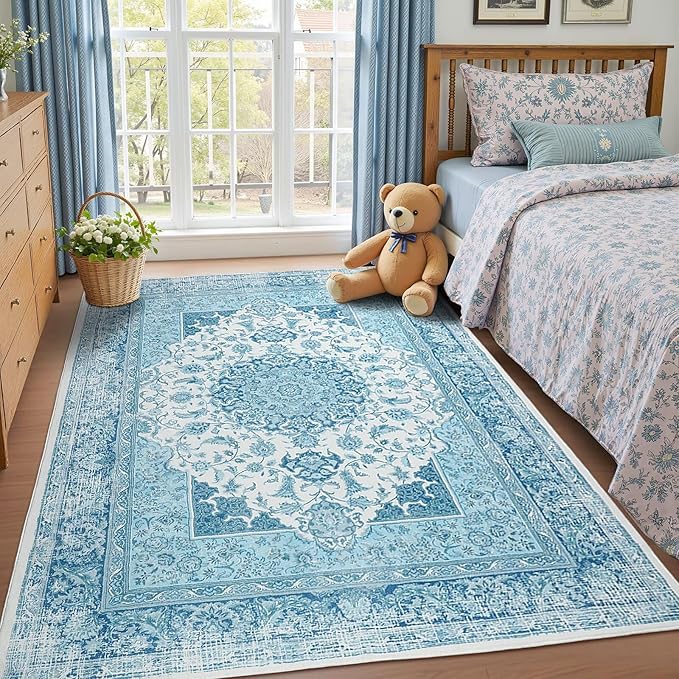 6x9 Area Rug for Bedroom, Machine Washable Rugs with Non-Slip Backing for Living Room, Large Vintage Carpet Kitchen Laundry Kids Room Decor, Celestial Blue