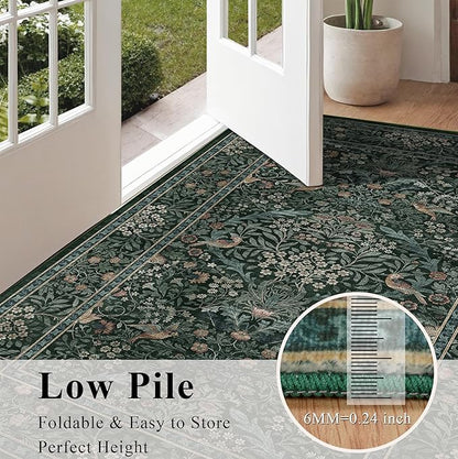 5x7 Floral Washable Area Rug for Living Room, Vintage Boho Rugs for Bedroom Dining Room, Botanical Birds Non Slip Low Pile Forest Throw Carpet for Farmhouse Office, Retro Green/Blue
