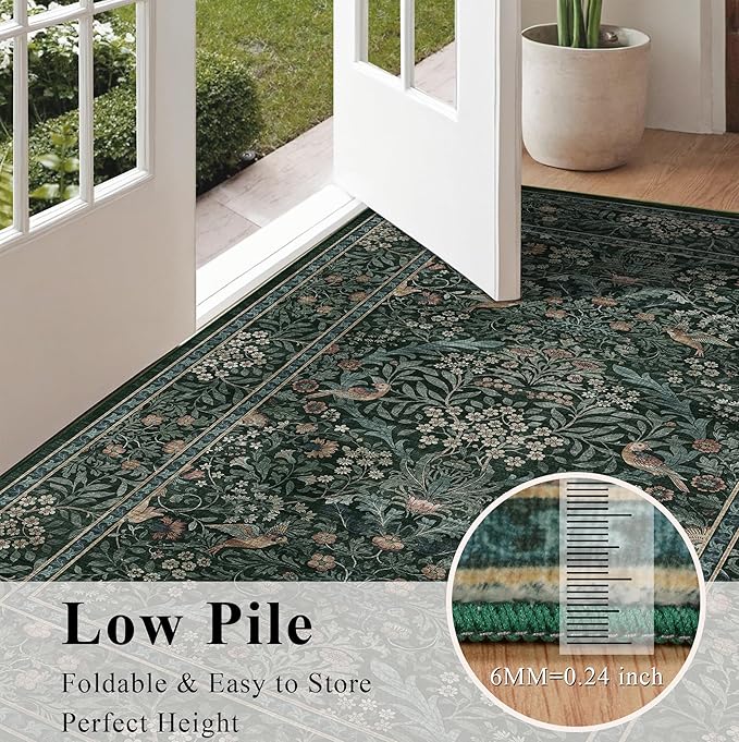 8x10 Floral Washable Area Rug for Living Room, Vintage Boho Large Rugs for Bedroom Dining Room, Botanical Birds Non Slip Low Pile Forest Throw Carpet for Farmhouse Office, Retro Green/Blue