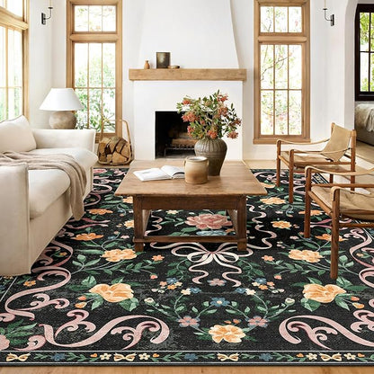 Black Rug Bow Floral 8x10 Rug, Washable Area Rugs for Bedroom Living Room, Dining Room,Kids Room, Office,Playroom, Boho Modern Aesthetic Farmhouse Decor Non Slip Low Pile Carpet