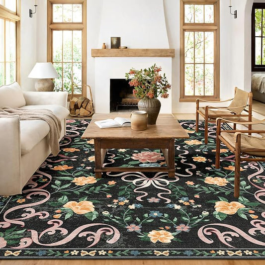 Black Rug Bow Floral 8x10 Rug, Washable Area Rugs for Bedroom Living Room, Dining Room,Kids Room, Office,Playroom, Boho Modern Aesthetic Farmhouse Decor Non Slip Low Pile Carpet