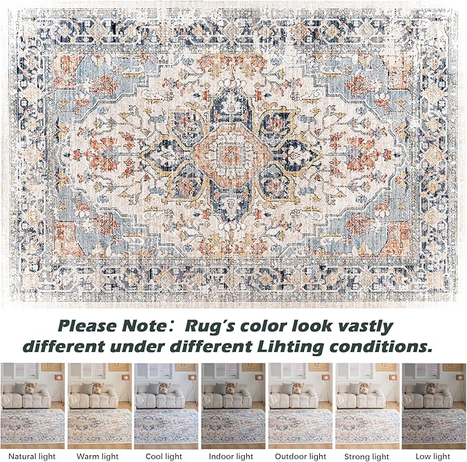 VK VK·LIVING 5x7 Area Rug Washable Rugs for Living Room Rug Vintage Design Boho 5x7 Rug with Non Slip Living Room Rug Bedroom Carpet Stain Resistant, Home Decor, Blue&Orange