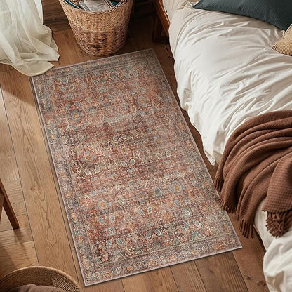 2x3 Entrance Rug Machine Washable Rug Small Door Mat,Ultra-Thin Low Pile Pad,Lightweight Indoor Carpet,Non Slip Floral Area Rug for Entryway,Bedside,Kids Room,Laundry,Bathroom,Terracotta/Indigo