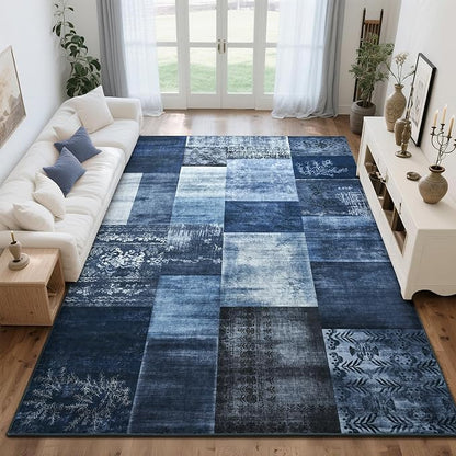 Tepook Modern Area Rug for Living Room, 5x7 Geometric Large Rugs for Bedroom, Washable Patchwork Rug Indoor Non-Slip Throw Carpets for Dining Room Office Farmhouse Home Decor, Blue