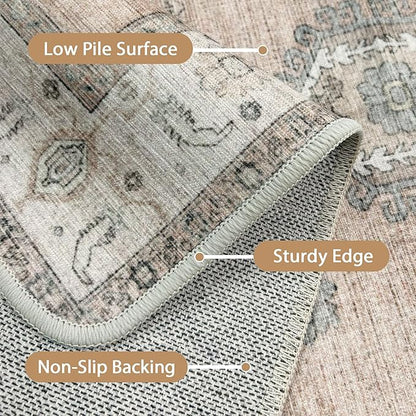 GENIMO 5x7 Area Rugs for Living Room, Machine Washable Non Slip Vintage Retro Rugs, Low Pile Lightweight Chenille Print Rug for Bedroom, Dining Room, Home Office, Salmon