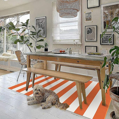 KOZYFLY Striped Rug 3x5 Ft Orange and White Halloween Fall Front Door Rug Hand Woven Area Rugs Washable Outdoor Doormats Indoor Entrance Mat for Front Porch Kitchen Entryway Patio Holiday