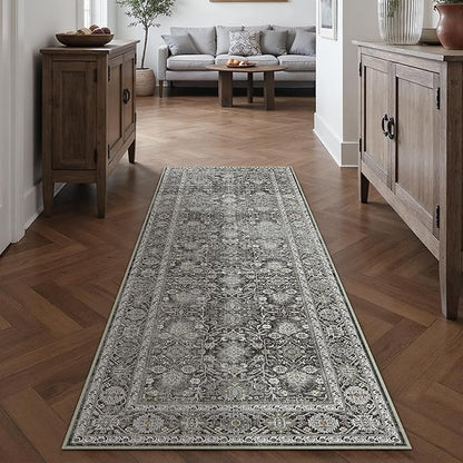 Black Runner Rug 2x5 Vintage Area Carpet Hallway Indoor Kitchen Washable Living Room Low Pile Traditional Distressed Retro Accent Throw Rug Non Slip for Laundry Bathroom Office Dining Room