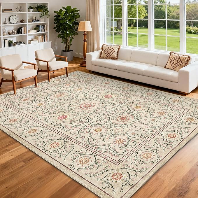 GarveeHome Boho 6x9 Area Rug for Living Room, Floral Vintage Rugs for Bedroom with Soft Low Pile, Non Slip Stain Resistant Botanical Washable Rug 6x9 for Dining Room Camel Carpet for Dorm Office