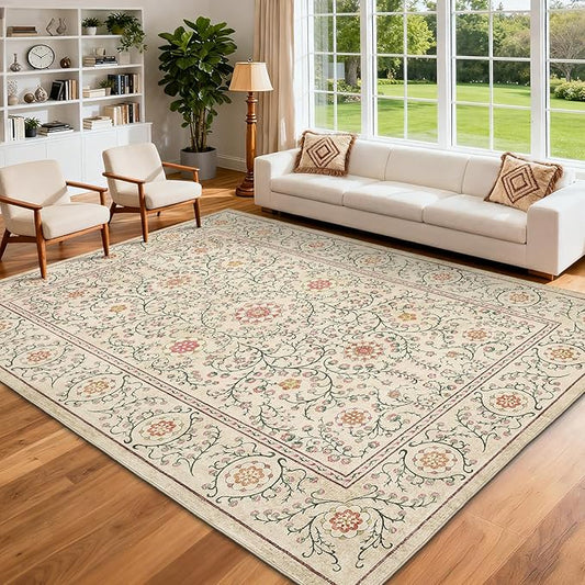 GarveeHome Boho 6x9 Area Rug for Living Room, Floral Vintage Rugs for Bedroom with Soft Low Pile, Non Slip Stain Resistant Botanical Washable Rug 6x9 for Dining Room Camel Carpet for Dorm Office