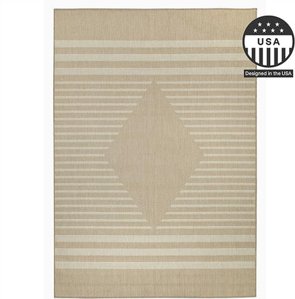 FH Home Flat Woven Outdoor Rug - Waterproof, Easy to Clean, Stain Resistant - Premium Polypropylene Yarn - Modern Geometric Kilim - Patio, Porch, Deck, Balcony - Mesa - Beige - 5ft 2in x 7ft 6in