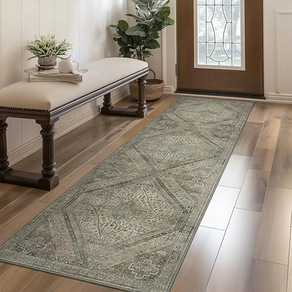 Bavni Kitchen Rug 2x7 Runner Rugs for Hallways Entryway, Washable Vintage Print Carpet, Ultra-Thin Chenille Low Pile Lightweight Rug with Non Slip Backing, Tan
