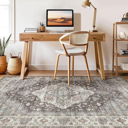 9x12 Area Rug Living Room: Washable Boho Large Neutral Vintage Soft Rugs Stain Resistant Farmhouse Non-Slip Indoor Floor Carpet for Bedroom Nursery Kids Office Dining Room Playroom- Grey Brown