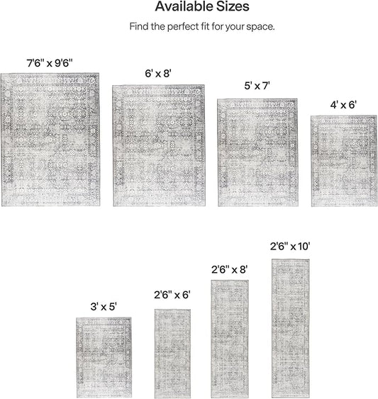 ReaLife Rugs Machine Washable Area Rug - Living Room Bedroom Bathroom Kitchen Entryway Office - Padded Low Pile Stain Resistant Premium - Boho Farmhouse Vintage - Noor - Silver Ivory 7'6" x 9'6"