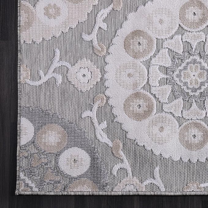 CAMILSON Indoor Outdoor Rug 8x10 Bohemian Medallion Floral Area Rugs for Indoor and Outdoor Patios Easy-Cleaning Non-Shedding Living Room Garden and Kitchen Washable Outside Carpet (8 x 10 / Beige)