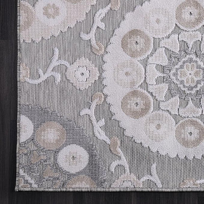 CAMILSON Indoor Outdoor Rug 6x9 Bohemian Medallion Floral Area Rugs for Indoor and Outdoor Patios Easy-Cleaning Non-Shedding Living Room Garden and Kitchen Washable Outside Carpet (6 x 9 / Beige)