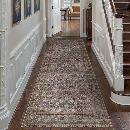 HUGEAR 3x8 Runner Rug Machine Washable Tradition Brown Hallway Area Rug Indoor Accent Rugs Floral Low Pile Carpet Soft Throw Rugs Bedroom Living Room Office Dining Kitchen Laundry Non Slip
