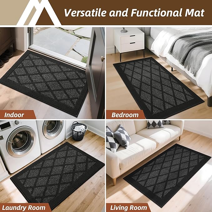 COSY HOMEER Non-Slip Door Mat 24"x36", Entryway Rugs Low Profile Absorbent Dirt Trapper Doormat for Front Entrance, Washable Polypropylene Entry Mat (Black)