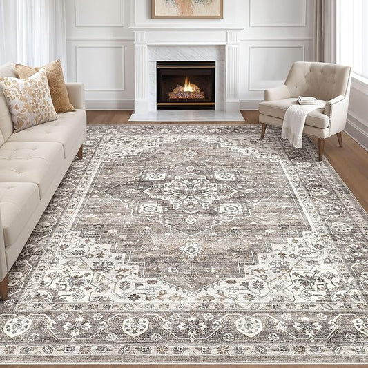 9x12 Area Rug Living Room: Washable Boho Large Neutral Vintage Soft Rugs Stain Resistant Farmhouse Non-Slip Indoor Rustic Floor Carpet for Bedroom Nursery Kids Playroom Office Dining Room- Dark Brown